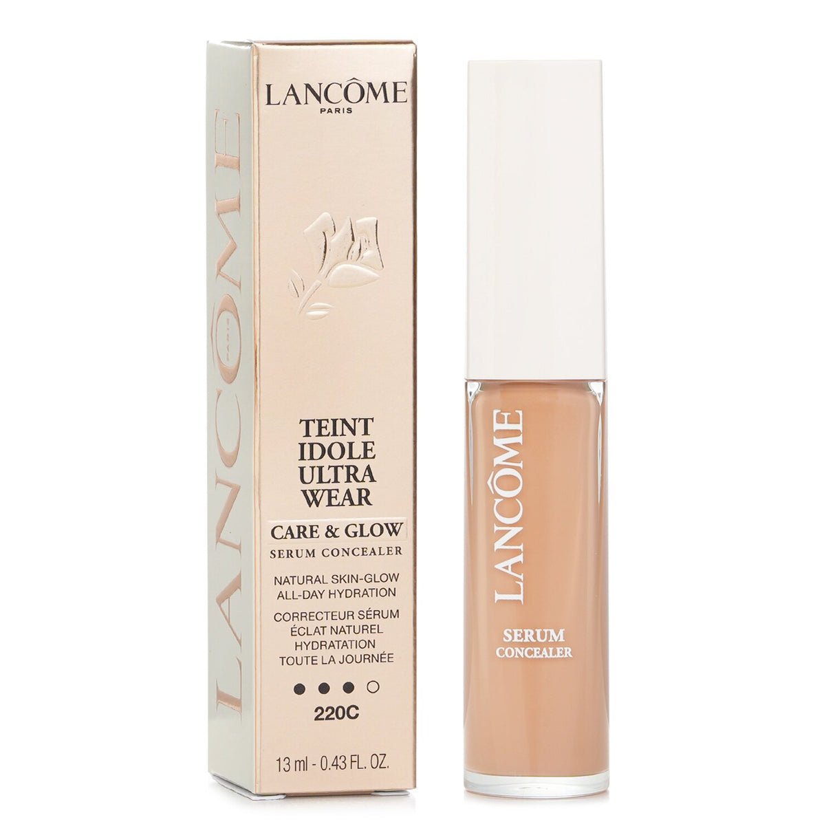 Lancome Teint Idole Ultra Wear Care & Glow Serum Concealer #220C offers medium coverage, 24-hour hydration, and a radiant finish.