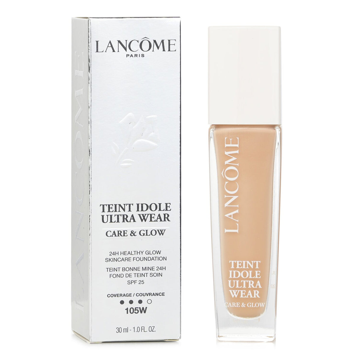 Lancome Teint Idole Ultra Wear foundation #105W, 30ml, offers radiant coverage, SPF 25, and is infused with hydrating serum.