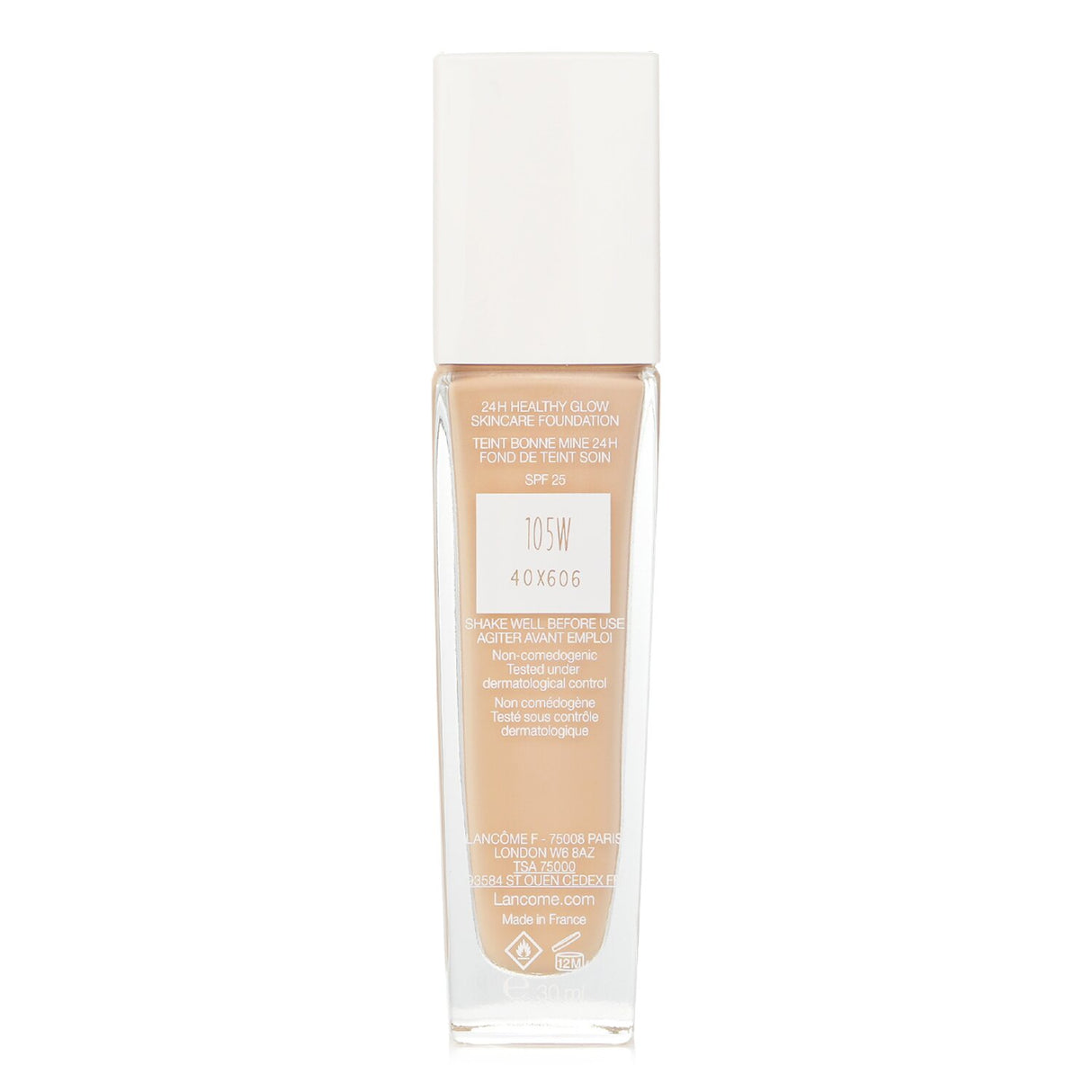 Radiant Lancome Teint Idole Ultra Wear Care & Glow Foundation SPF 25 in shade #105W, offering hydration and medium coverage.