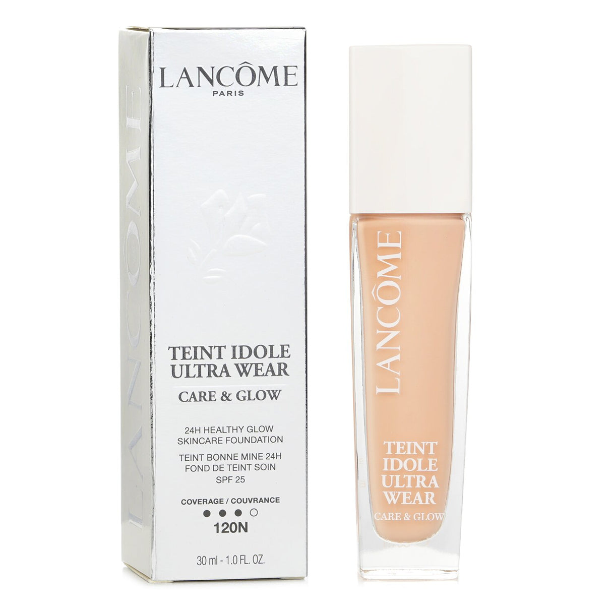 Lancôme Teint Idole Ultra Wear Care & Glow Foundation SPF 25 #120N in 30ml, offering hydrating serum coverage for a radiant finish.