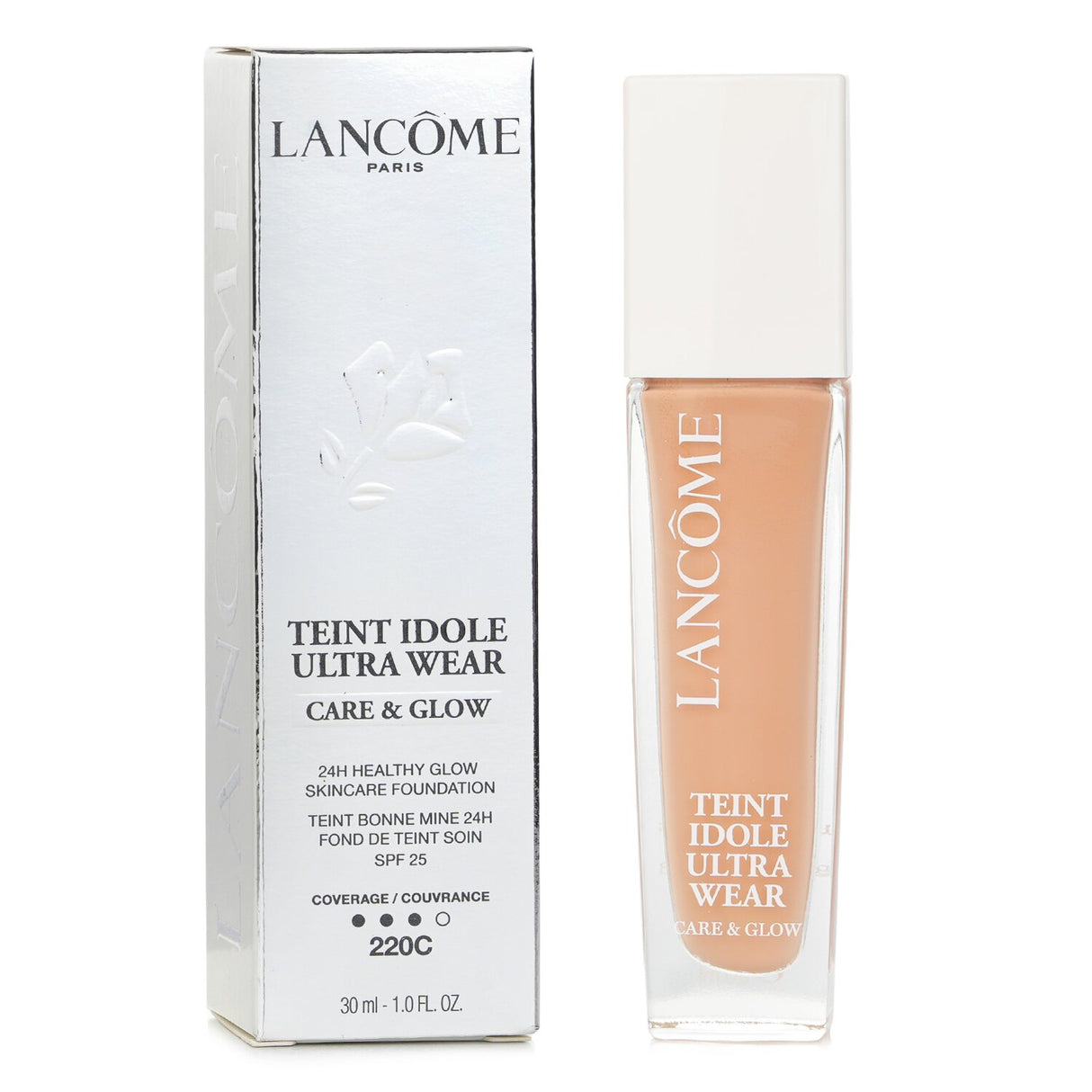 Lancome Teint Idole Ultra Wear Care & Glow Foundation SPF 25, #220C, with hydrating serum for a luminous, fresh complexion.