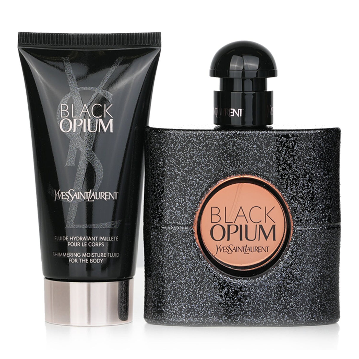 Yves Saint Laurent Black Opium Travel Set: 50ml Eau De Parfum and 50ml Shimmering Moisture Fluid for a luxurious fragrance experience.