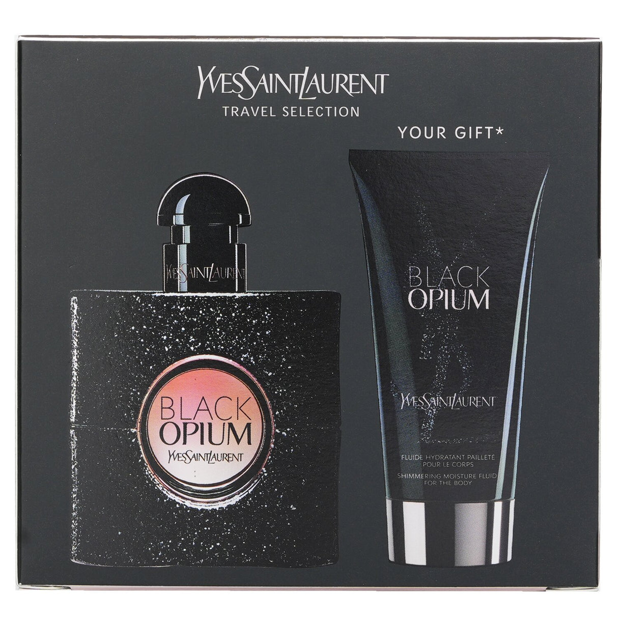 Yves Saint Laurent Black Opium Travel Set featuring Eau De Parfum and Shimmering Body Fluid for luxurious on-the-go allure.