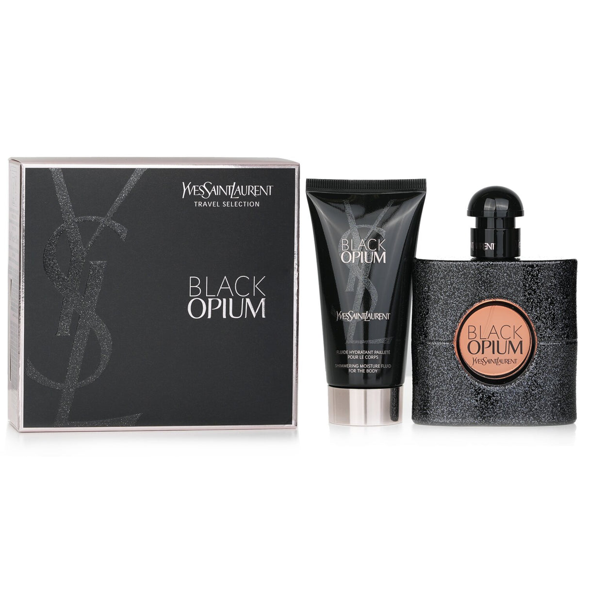 Yves Saint Laurent Black Opium Travel Coffret featuring a 50ml Eau De Parfum and 50ml Shimmering Moisture Fluid.