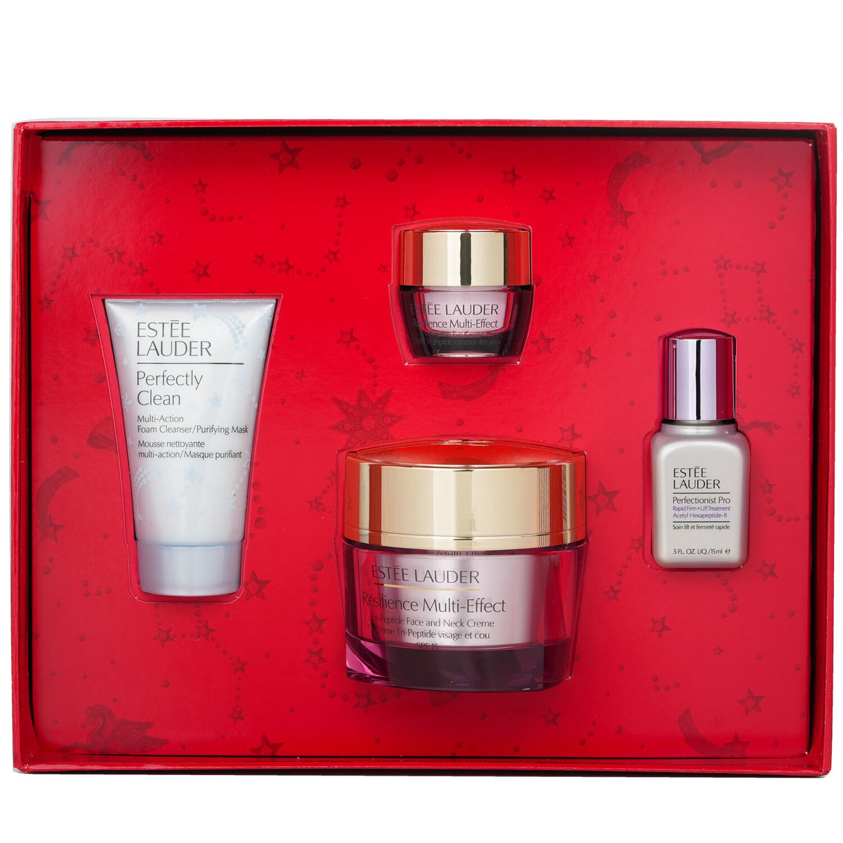 Estee Lauder Radiance Routine Set featuring 4 skincare essentials for a glowing complexion, including cleanser, serum, and creams.