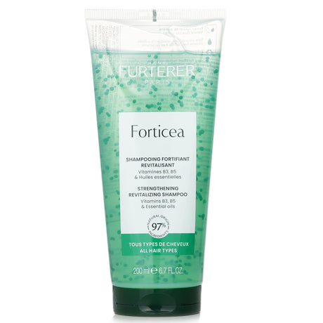 Rene Furterer Forticea Revitalizing Shampoo in a 200ml bottle, enhances hair vitality with 97% natural ingredients and energizing Guarana.