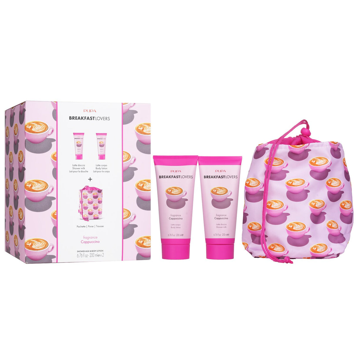 Pupa Breakfast Lovers Kit with cappuccino shower milk and body lotion, stylishly packaged for coffee enthusiasts.