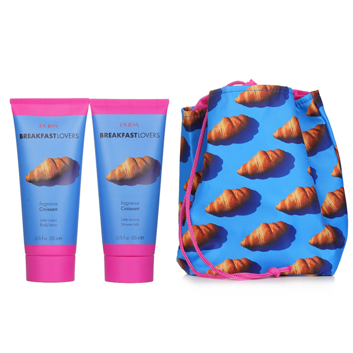 Pupa Breakfast Lovers Kit featuring croissant shower milk, body lotion, and stylish bag for a delightful morning pampering.