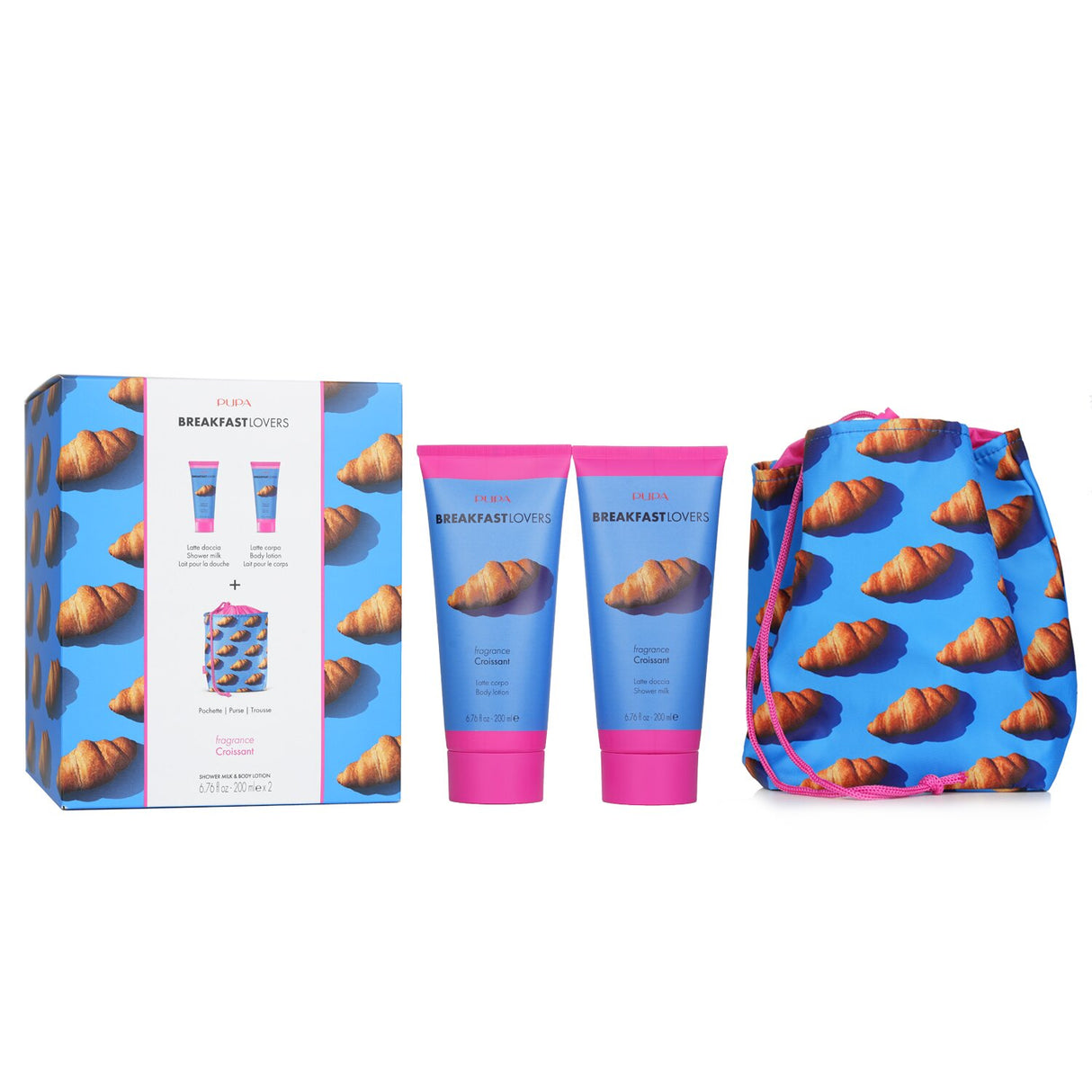 Pupa Breakfast Lovers Kit featuring croissant shower milk and body lotion in a stylish bag, perfect for pampering.