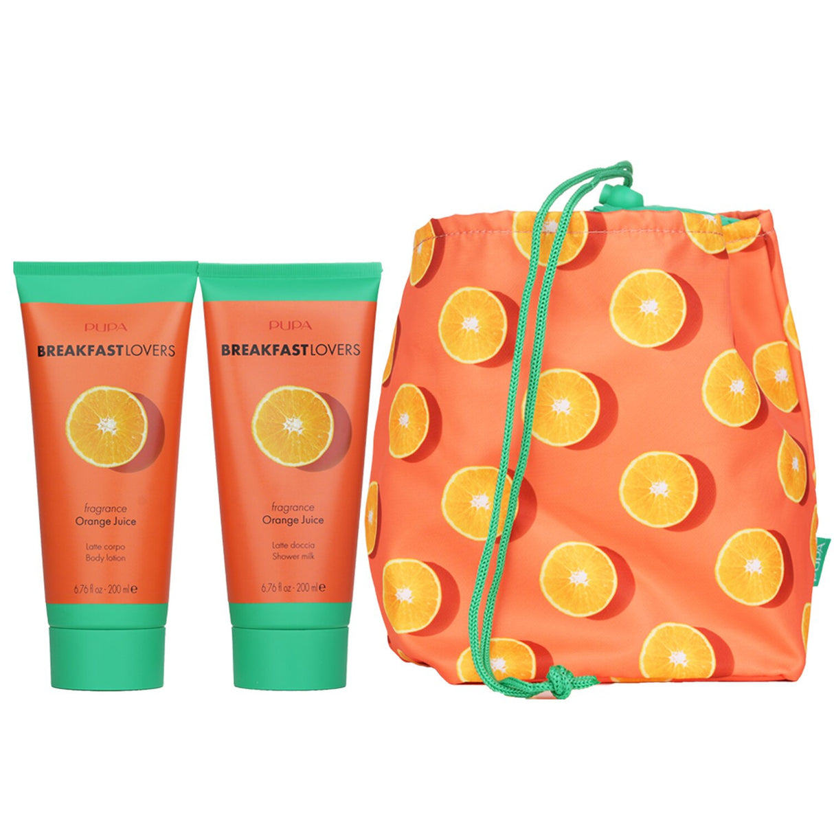 Pupa Breakfast Lovers Kit 1 with orange shower milk, body lotion, and stylish purse for vibrant skincare and gifting.