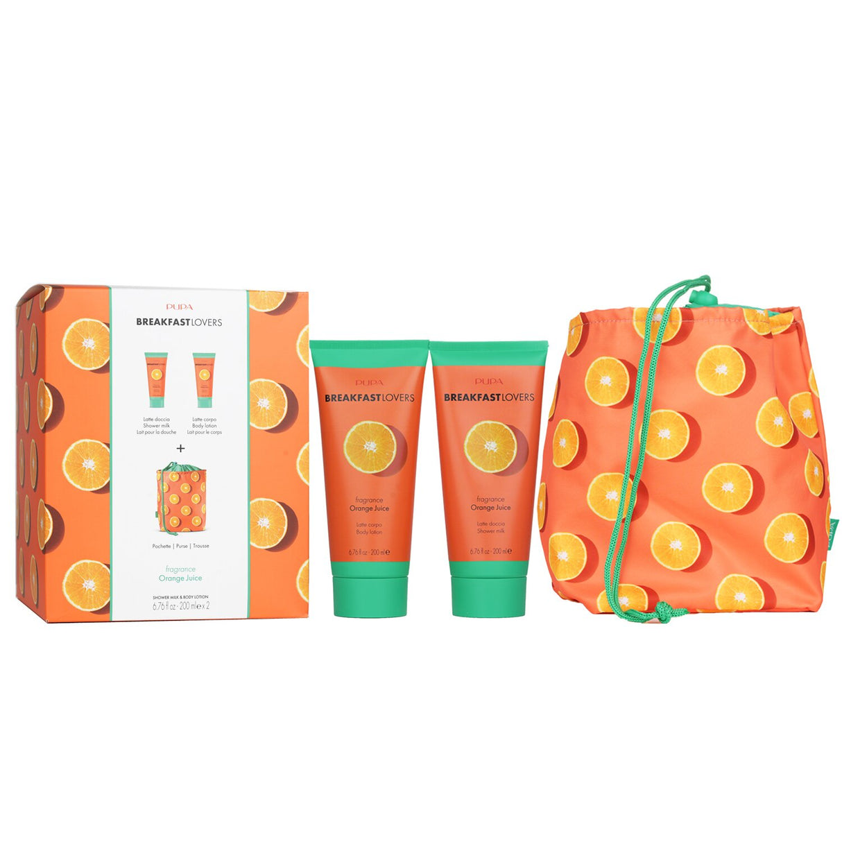 Bright and vibrant Pupa Breakfast Lovers Kit with Orange Juice Shower Milk and Body Lotion, perfect for skincare enthusiasts.