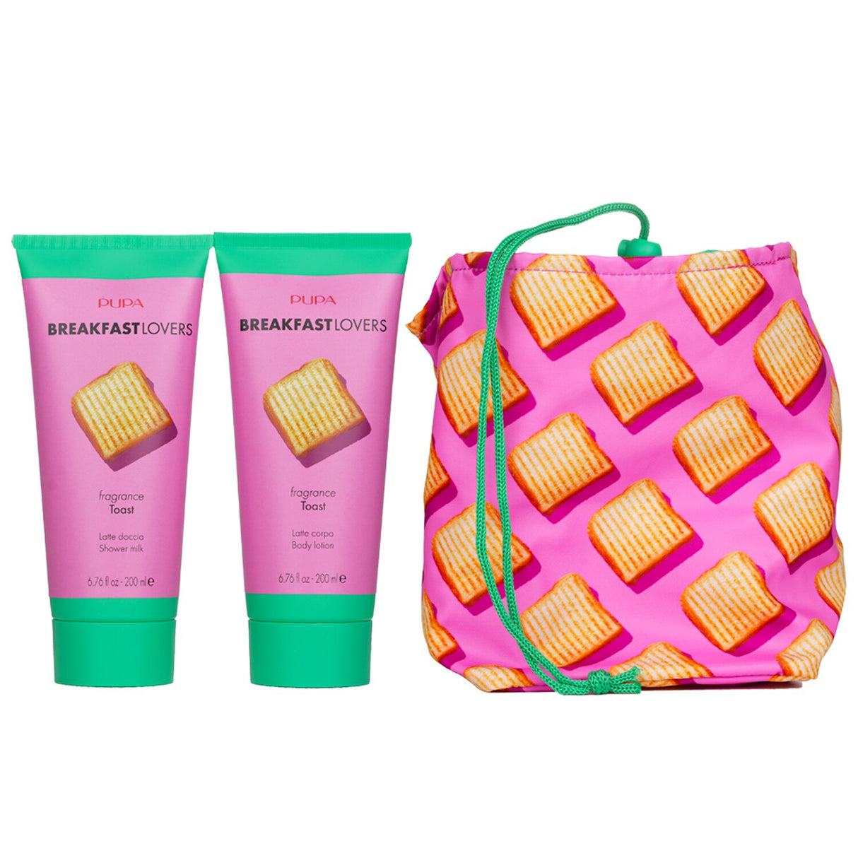 Pupa Breakfast Lovers Kit: includes Toast Shower Milk, Body Lotion, and a stylish purse for luxurious skincare indulgence.