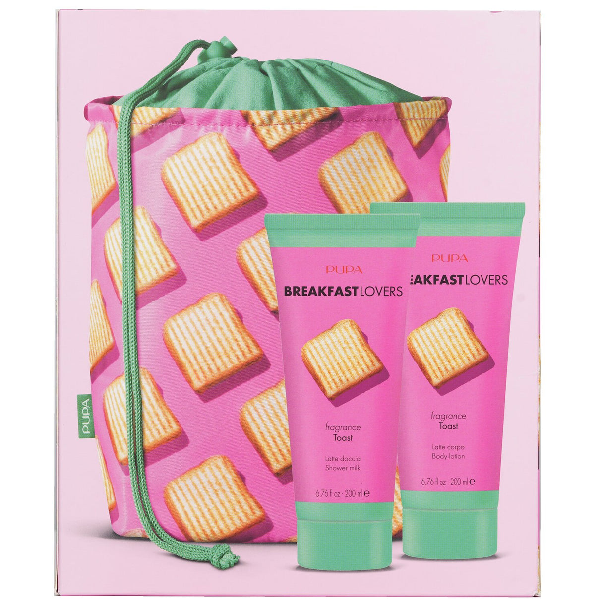 Pupa Breakfast Lovers Kit features Toast Shower Milk, Body Lotion, and a stylish purse for luxurious skincare enjoyment.