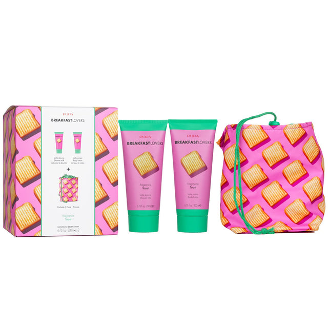 Pupa Breakfast Lovers Kit features shower milk, body lotion, and a purse for a luxurious skincare experience.