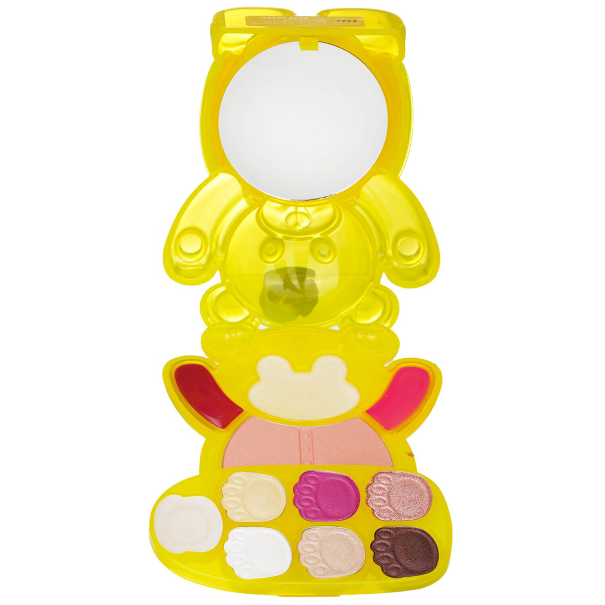 Pupa Happy Bear Makeup Kit in yellow, featuring blushes, eyeshadows, highlighter, and lip creams, all in a vibrant, whimsical palette.