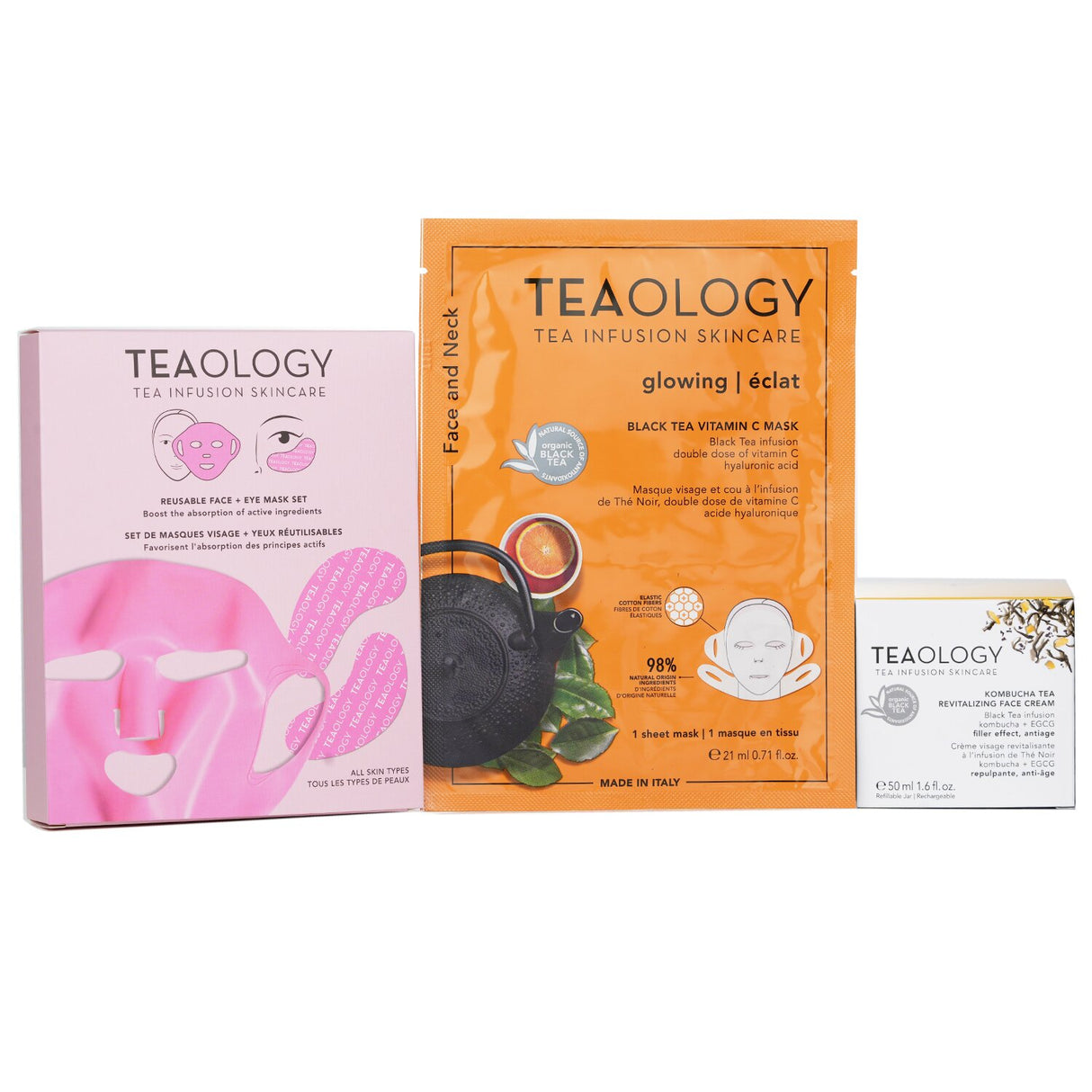 Teaology Kombucha Revitalizing Forever Beauty Ritual Set includes face cream, mask, and reusable masks for rejuvenated skin.