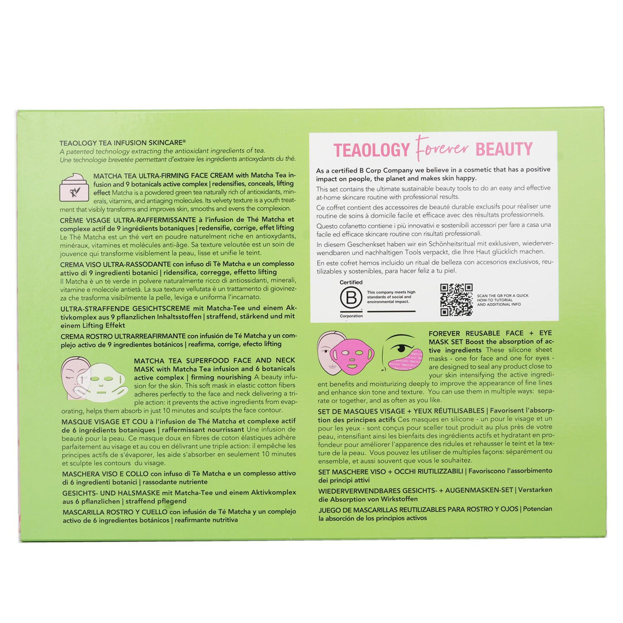 Teaology Matcha Tea Firming Forever Beauty Ritual Set, featuring firming face cream, superfood mask, and reusable masks for radiant skin.