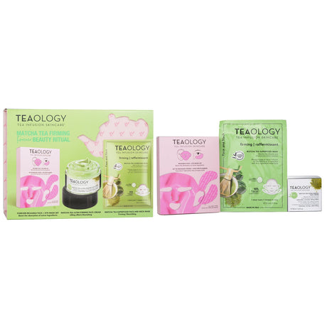 Three-piece Matcha Tea Firming Ritual Set featuring face cream, mask, and reusable eye masks for healthier, youthful skin.