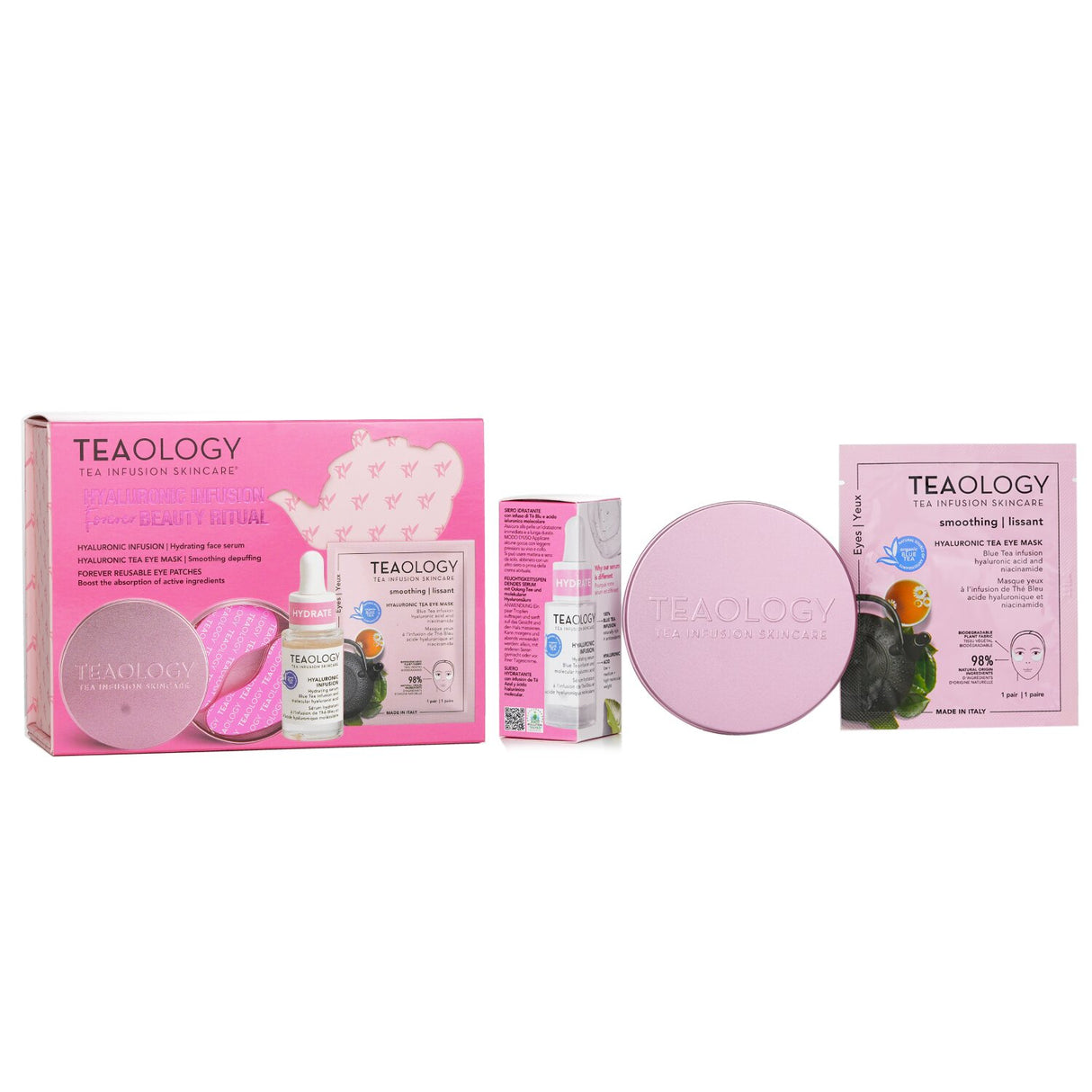 Three-piece skincare set featuring hyaluronic serum, eye mask, and silicone patches for intense hydration and rejuvenation.