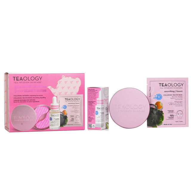 Three-piece skincare set featuring hyaluronic serum, eye mask, and silicone patches for intense hydration and rejuvenation.