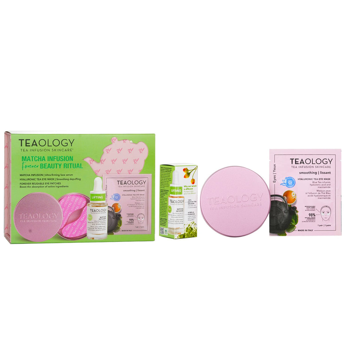 Teaology Matcha Infusion Forever Beauty Ritual Set featuring a lifting serum, eye mask, and reusable silicone patches.