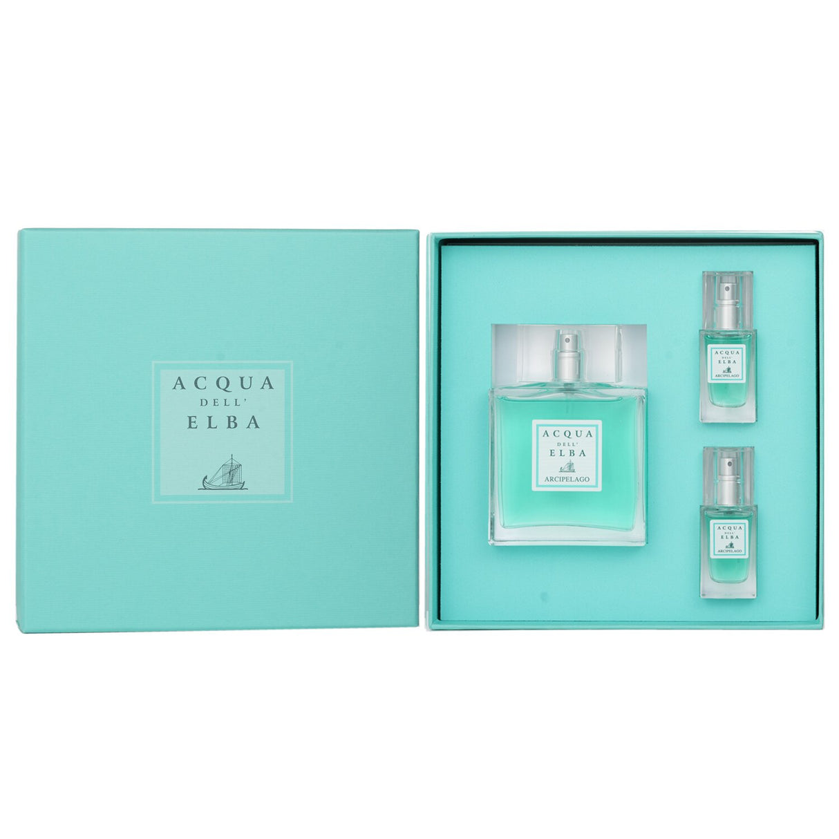 Luxurious Acqua Dell'Elba Arcipelago fragrance set with 100ml and two 15ml travel sprays, evoking Mediterranean freshness.