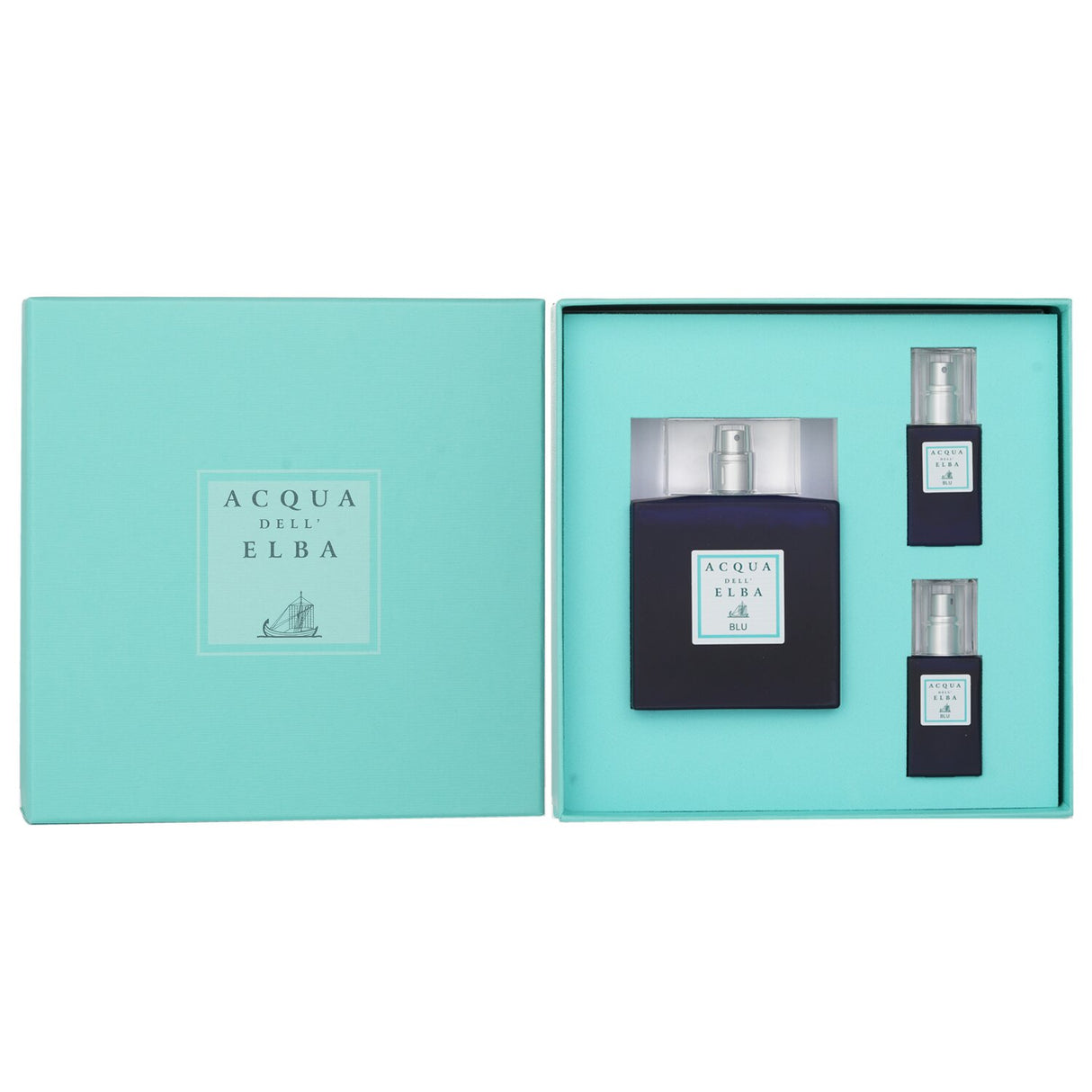 Eau de Parfum Blu fragrance set for men, featuring 100ml spray and two 15ml travel sprays, embodying Mediterranean elegance.