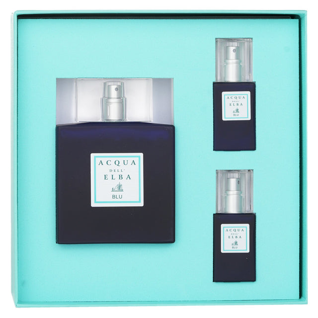 Acqua Dell'Elba Eau De Parfum Blu men’s coffret featuring 100ml and two 15ml sprays, embodying Mediterranean elegance.