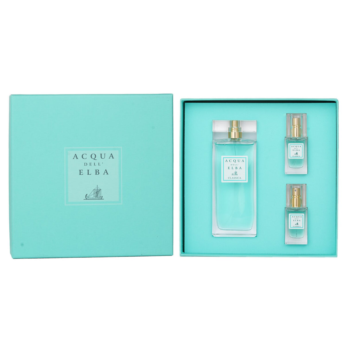 Elegant Acqua Dell'Elba Classica Donna coffret with 100ml perfume spray and two 15ml travel sprays, embodying floral and fruity notes.