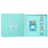 Acqua Dell'Elba Blu Donna coffret featuring 100ml and two 15ml Eau De Parfum sprays, embodying floral and woody sea-inspired notes.