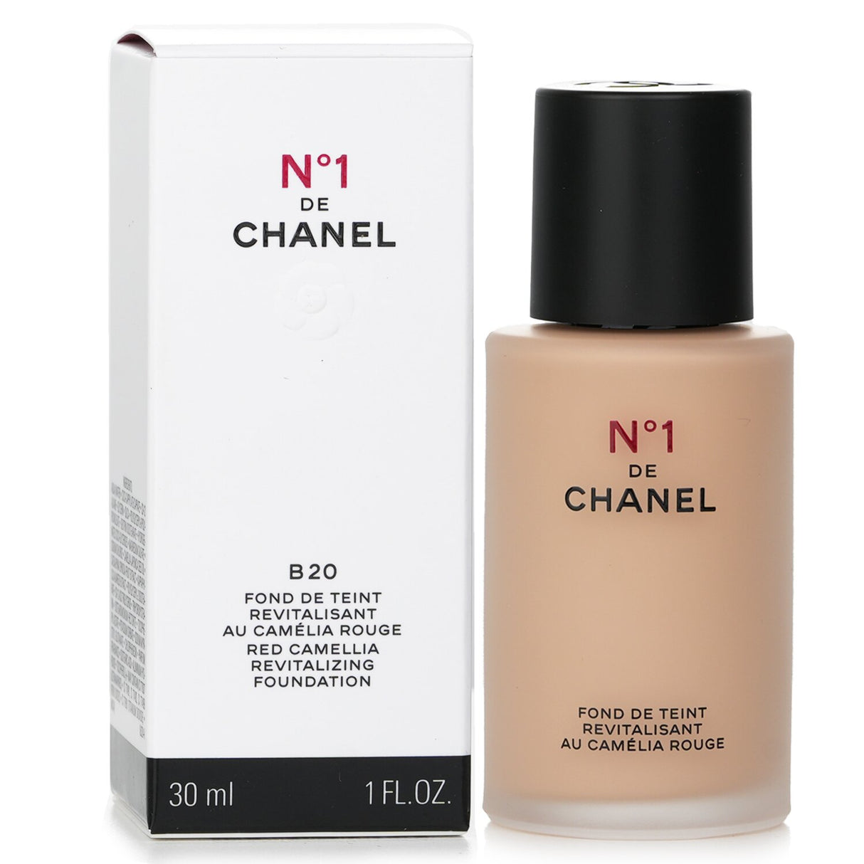 Chanel N�1 Red Camellia Foundation #B20 in 30ml, offers luminous, buildable coverage with 97% naturally derived ingredients.