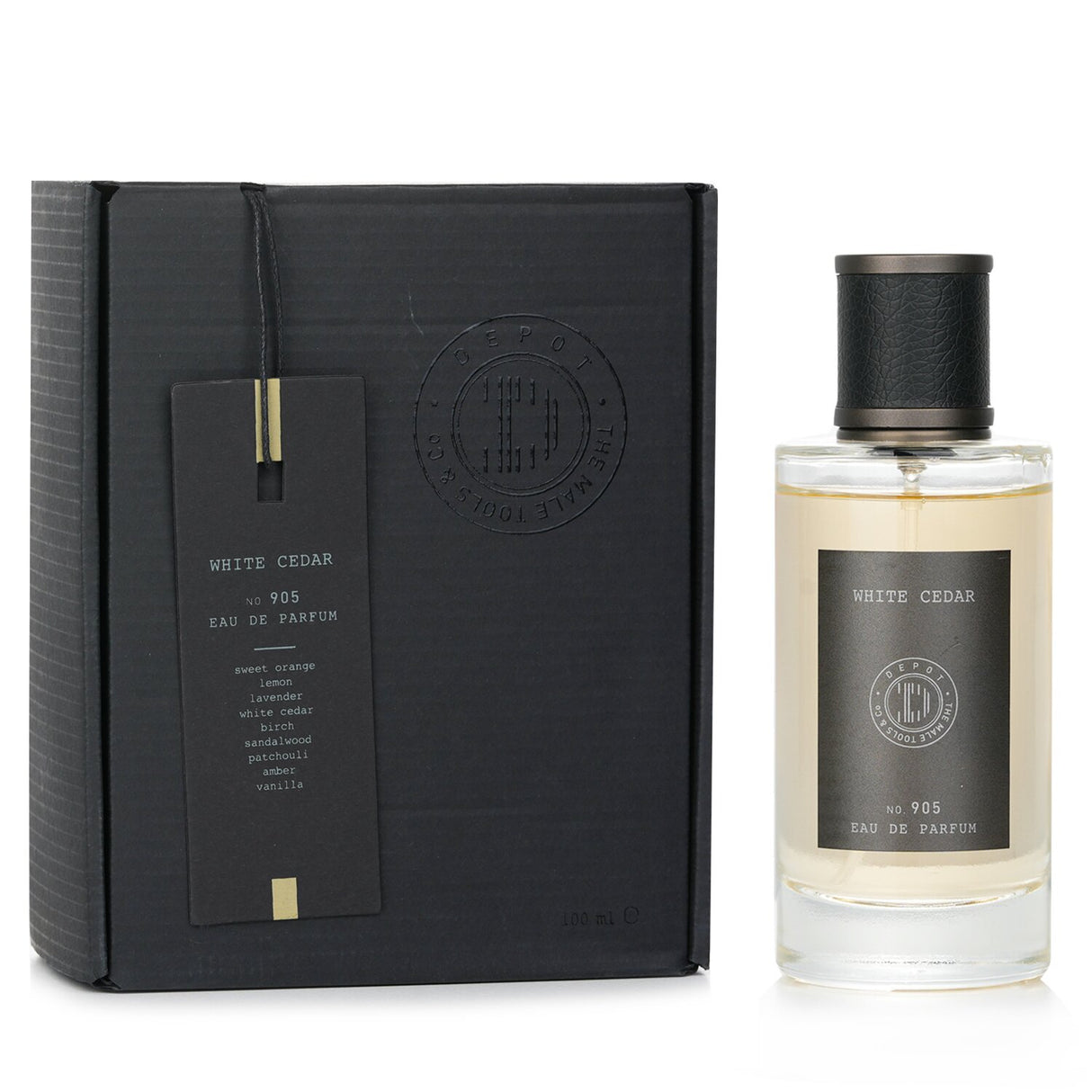 Elegant 100ml bottle of Depot - No. 905 White Cedar Eau De Parfum, featuring rich cedarwood and fresh aromatic notes.