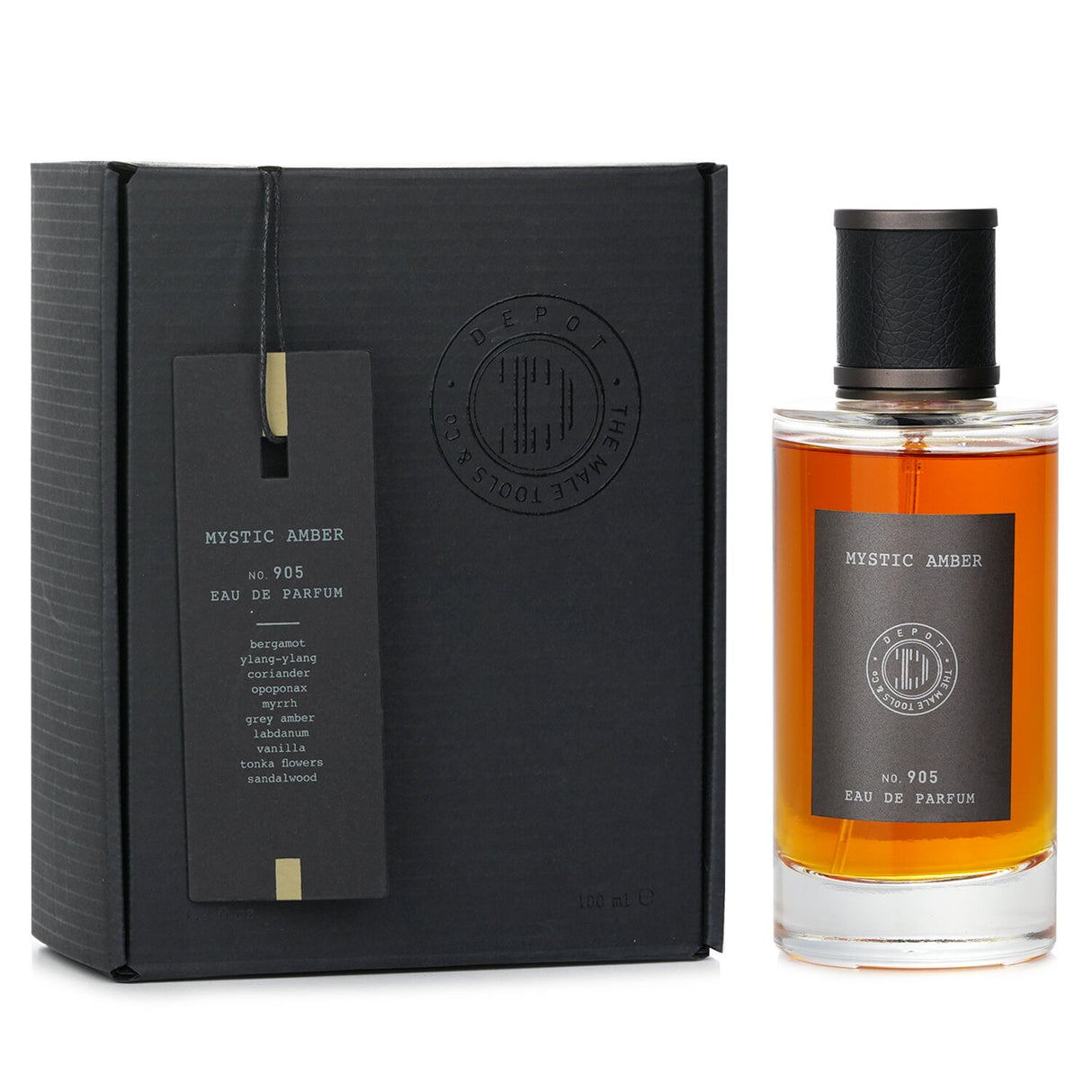 100ml bottle of Depot No. 905 Mystic Amber Eau De Parfum, featuring warm amber, citrus, floral notes, and earthy patchouli.