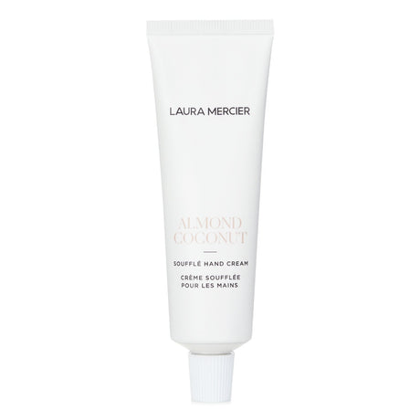 Laura Mercier Almond Coconut Souffle Hand Cream tube, featuring a rich, hydrating formula with a beachy Coconut and Almond scent.