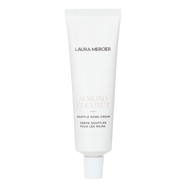 Laura Mercier Almond Coconut Souffle Hand Cream tube, featuring a rich, hydrating formula with a beachy Coconut and Almond scent.