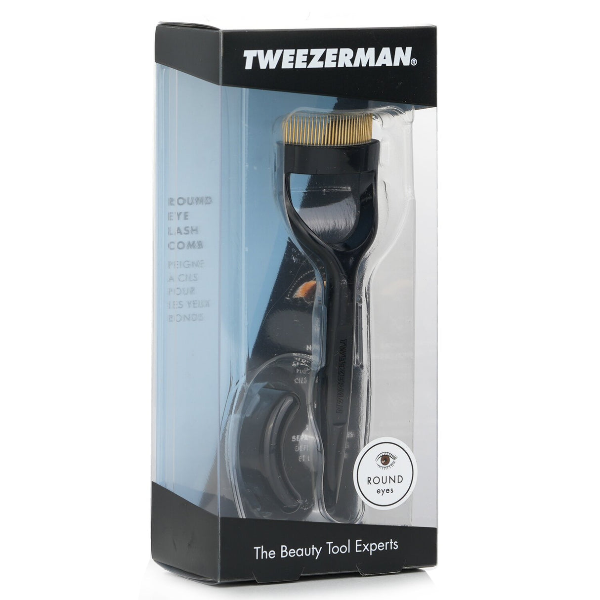 Tweezerman Round Eye Lashcomb 1056-R for defined, clump-free lashes with gold-plated teeth and a tailored curved base.