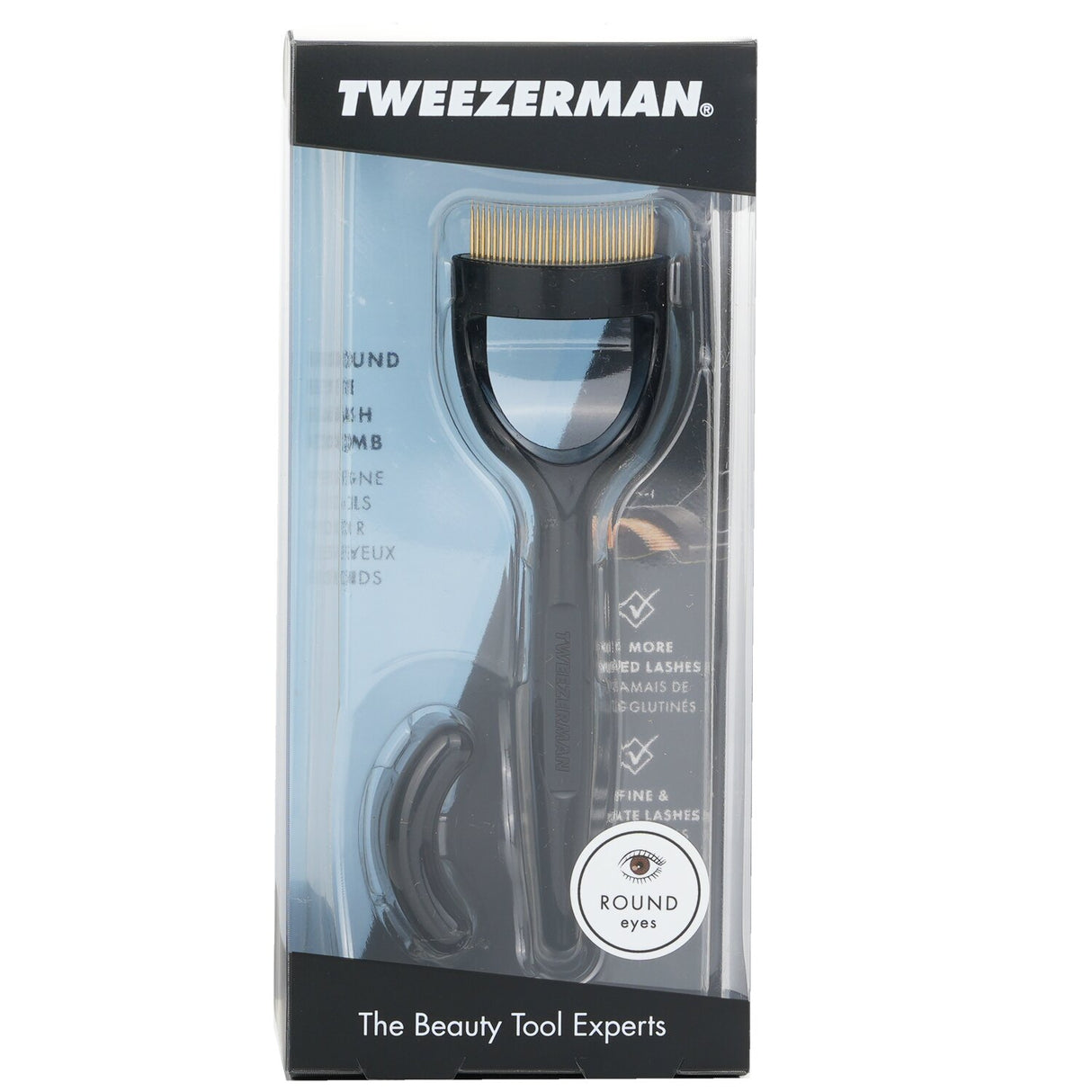 Tweezerman Round Eye Lashcomb 1056-R with gold-plated teeth for clump-free, defined lashes; includes safety cap for storage.