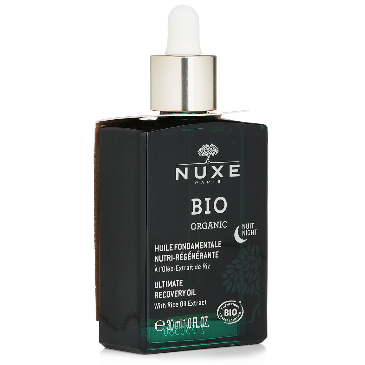 Nuxe Bio Organic Night Recovery Oil in 30ml, infused with rice oil, promotes skin repair and radiance overnight.