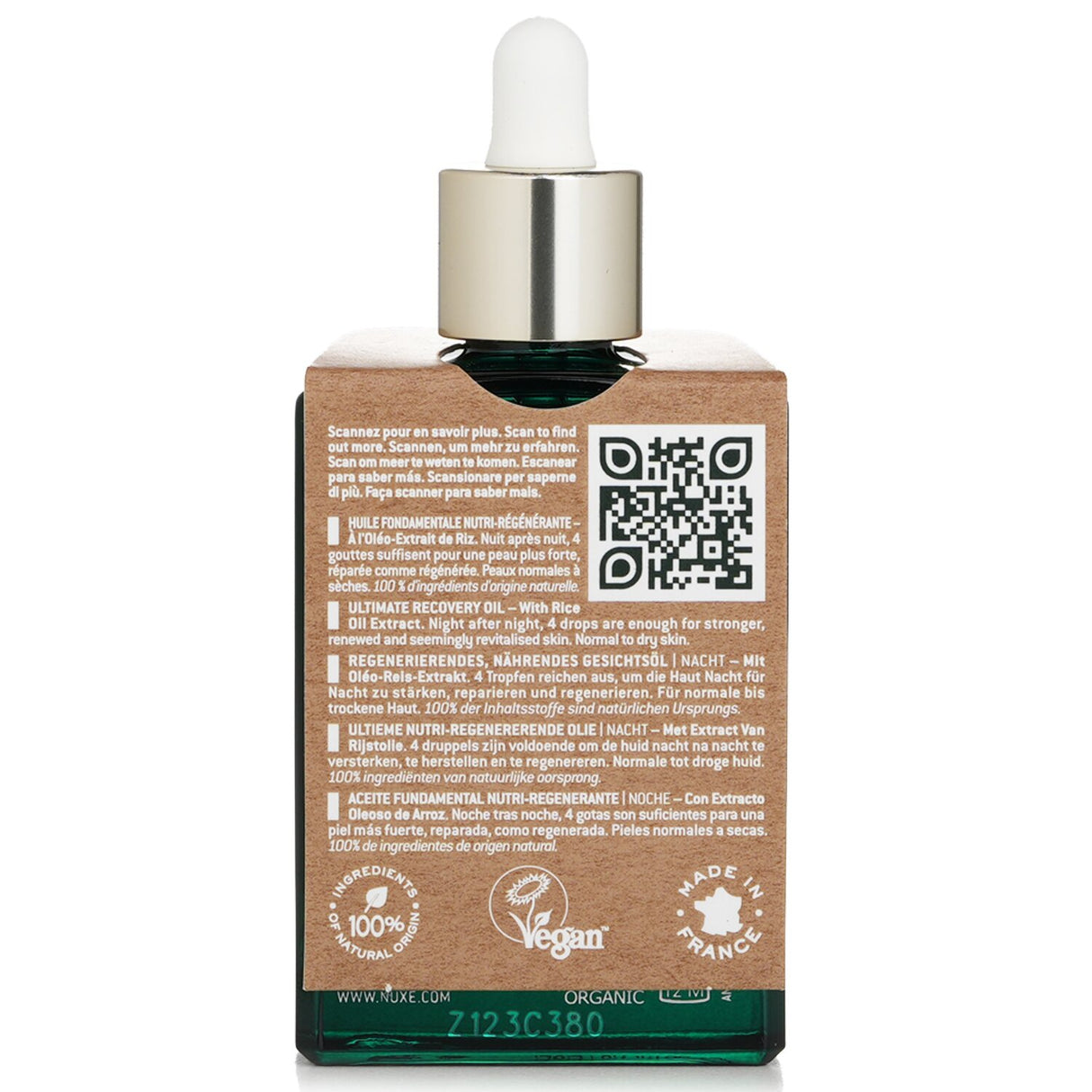 Nuxe Bio Organic Night Recovery Oil with Rice Extract in a 30ml bottle, ideal for repairing and revitalizing dry skin overnight.