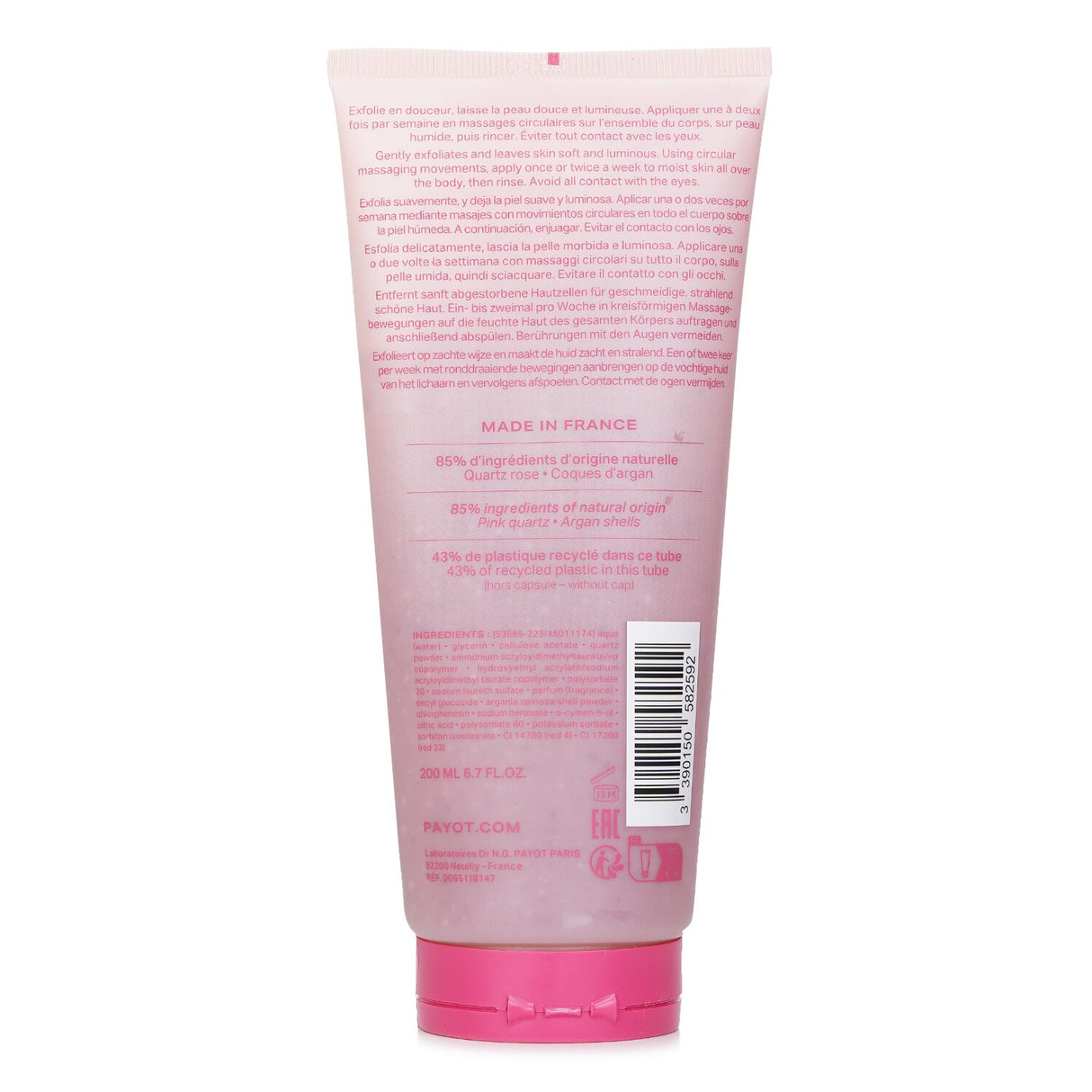 Luxurious pink jelly body scrub with quartz and argan for radiant, smooth skin, infused with jasmine and musk fragrance.