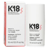 K18 Leave In Molecular Repair Hair Mask in a 15m/0.5oz tube, designed to rejuvenate and restore all hair types in just 4 minutes.