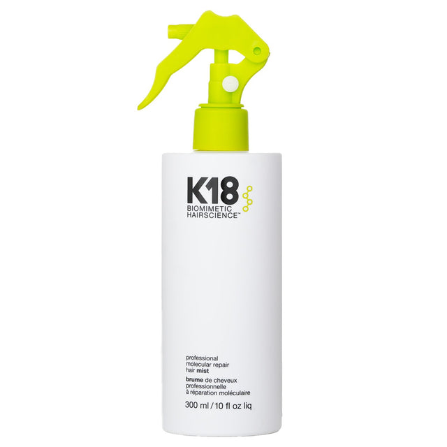 K18 Professional Molecular Repair Hair Mist in a 300ml bottle, designed to restore damaged hair quickly and effectively.