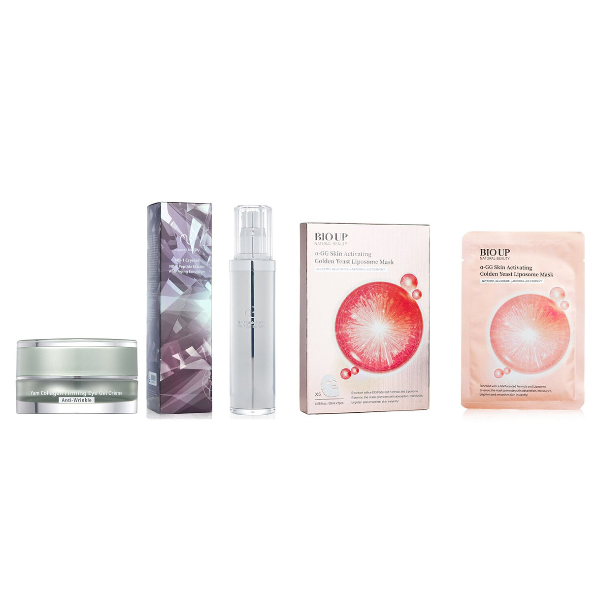 Natural Beauty Deluxe Anti-Aging Bundle featuring a peptide emulsion, collagen eye gel, and nourishing yeast mask for youthful skin.