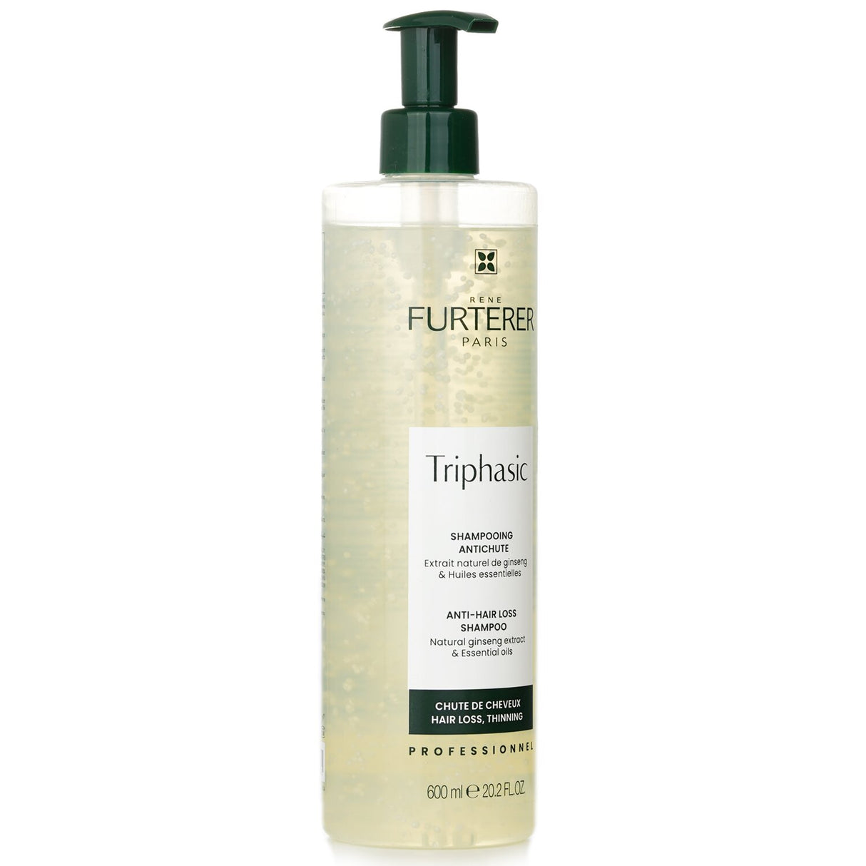 Rene Furterer Triphasic Shampoo in 600ml, combats hair loss with natural ingredients, purifies scalp, boosts hair resilience.