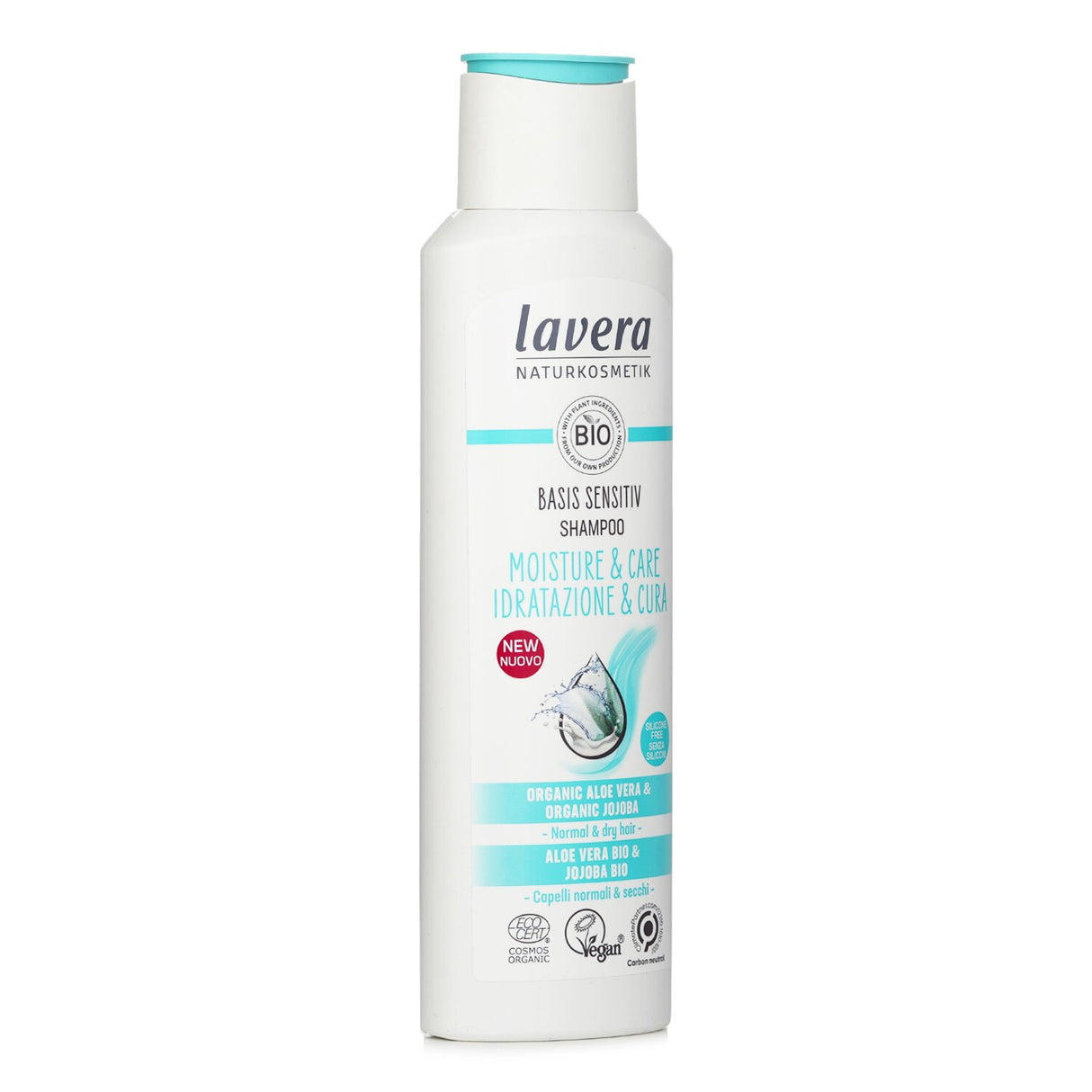 Lavera Shampoo Basis Sensitiv for dry hair, infused with aloe vera and quinoa for moisture and gentle care; vegan and silicone-free.