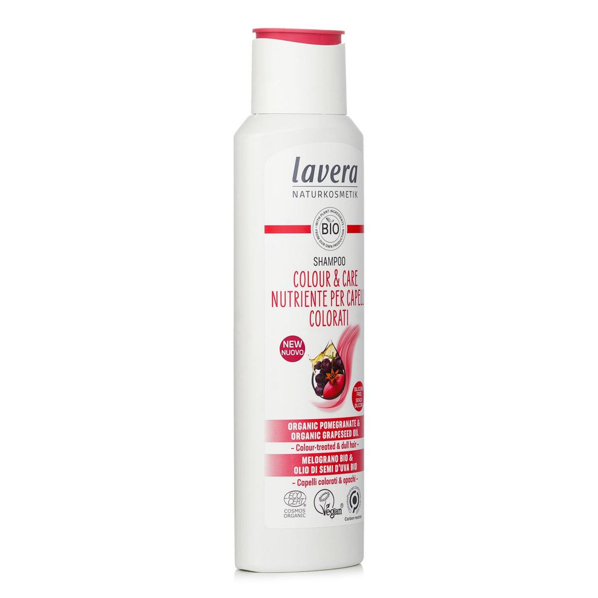 Vegan shampoo revitalizing color-treated hair with organic pomegranate and grapeseed oil for vibrant, manageable locks.