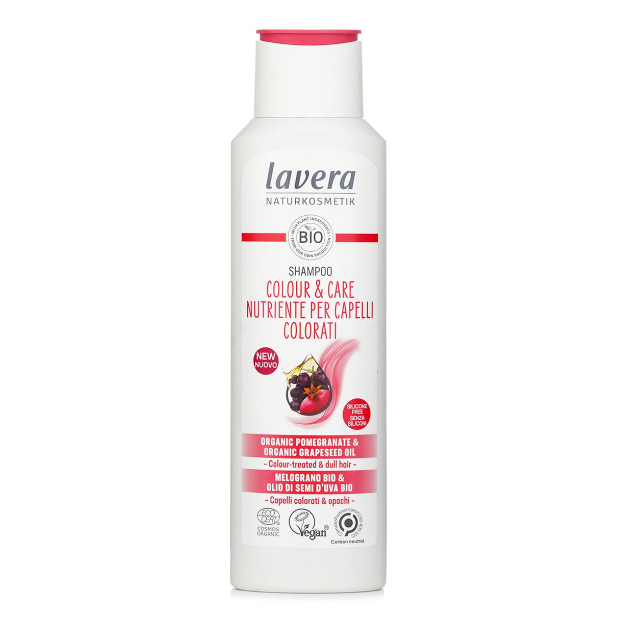 Vegan shampoo for color-treated hair, enriched with organic pomegranate and grapeseed oil for vibrant, manageable locks.