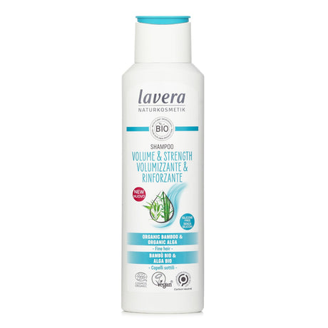 Vegan shampoo with organic bamboo and quinoa, enhancing volume and strength for fine, lifeless hair without weighing it down.