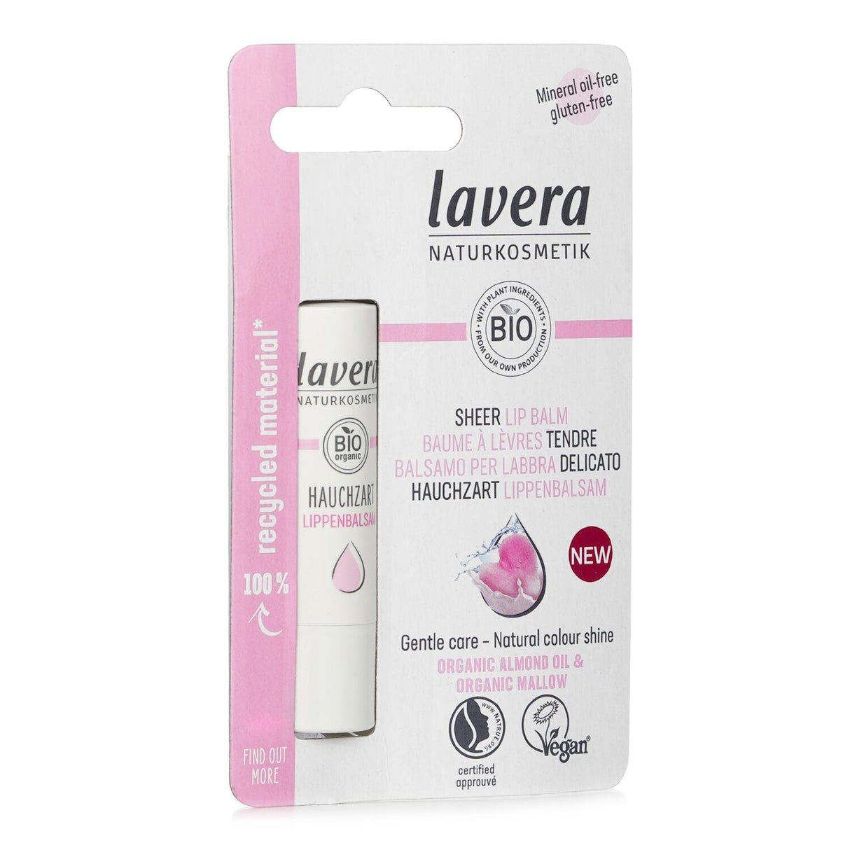 Lavera Sheer Lip Balm, 4.5g, nourishing with organic almond oil, natural pink tint, vegan-friendly, protects and hydrates lips.