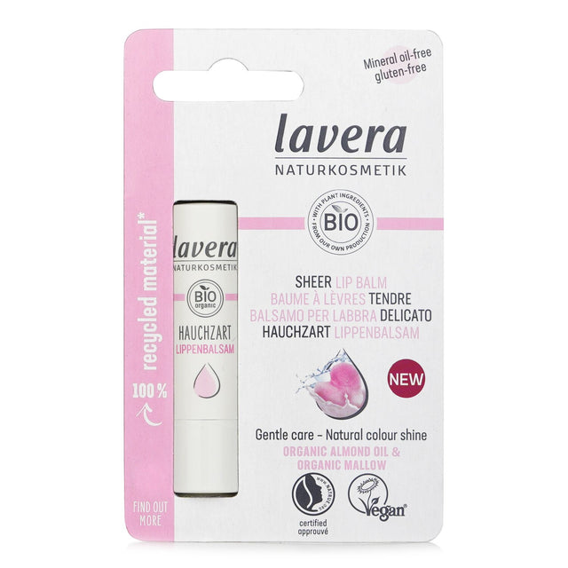 Lavera Sheer Lip Balm in 4.5g offers nourishing organic almond oil, a natural pink tint, and long-lasting hydration for your lips.